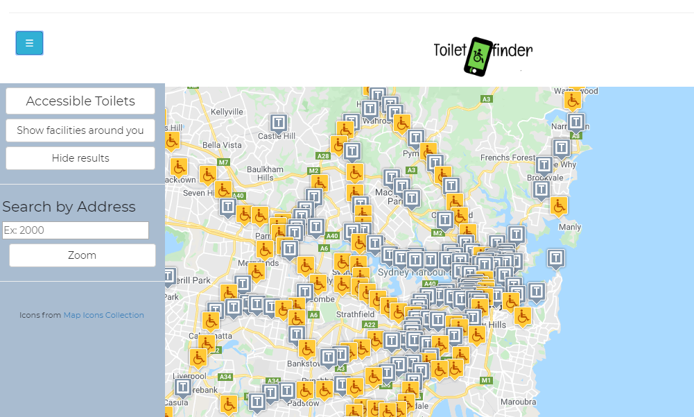 a screenshot of accessible toilets finder website